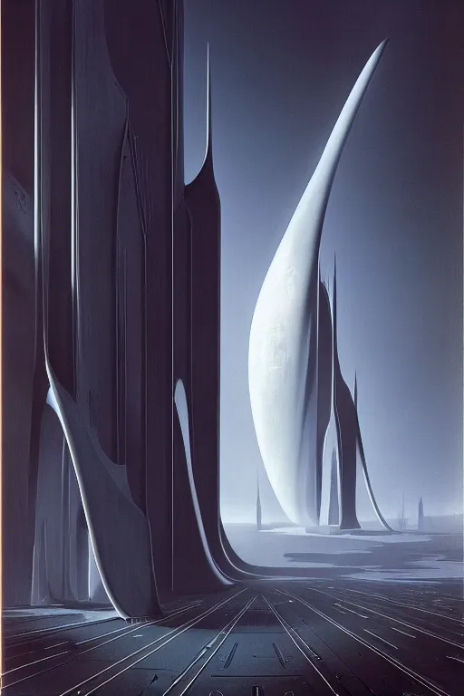 Prompt: emissary space by author haas and bruce pennington and john schoenherr, cinematic matte painting, zaha hadid building, 8 k, dark moody monochrome color palate
