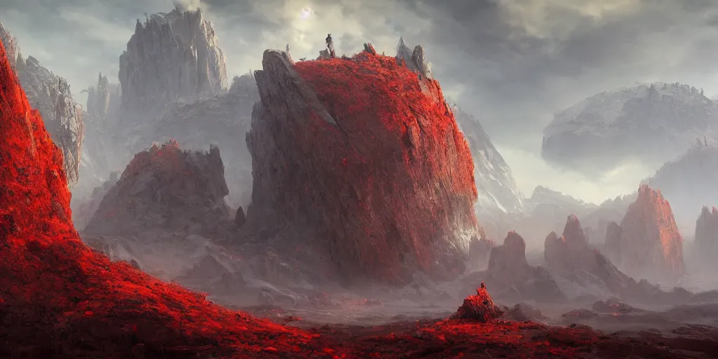 Image similar to a epic landscape full of big red crystals emerging from the ground, concept art, octane render, unreal engine 5, trending on artstation, greg rutkowski, hyperrealistic, highly detailed, high quality, 8 k, dramatic lighting, cinematic, high coherence, high contrast, digital art, high definition, path traced, night