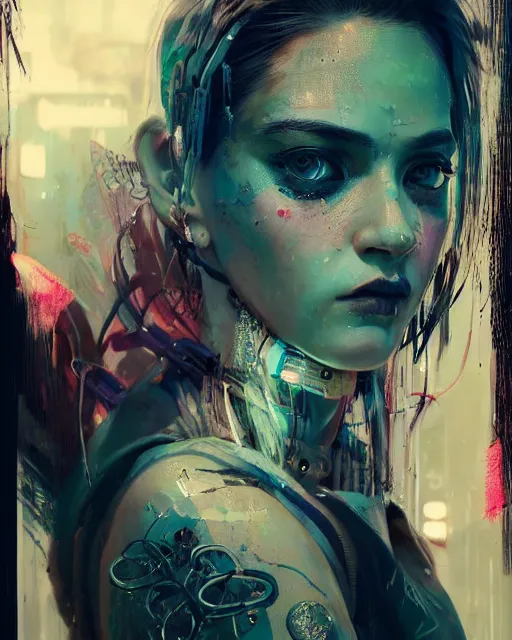 Image similar to detailed portrait Young Gangster Girl cyberpunk futuristic ((neon)) tattoes, styled hair Reflective gauzy fine-spun film jacket, decorated traditional ornaments by ismail inceoglu dragan bibin hans thoma greg rutkowski Alexandros Pyromallis Nekro Zac Retz illustrated Perfect face, fine details, realistic shaded, fine-face, pretty face