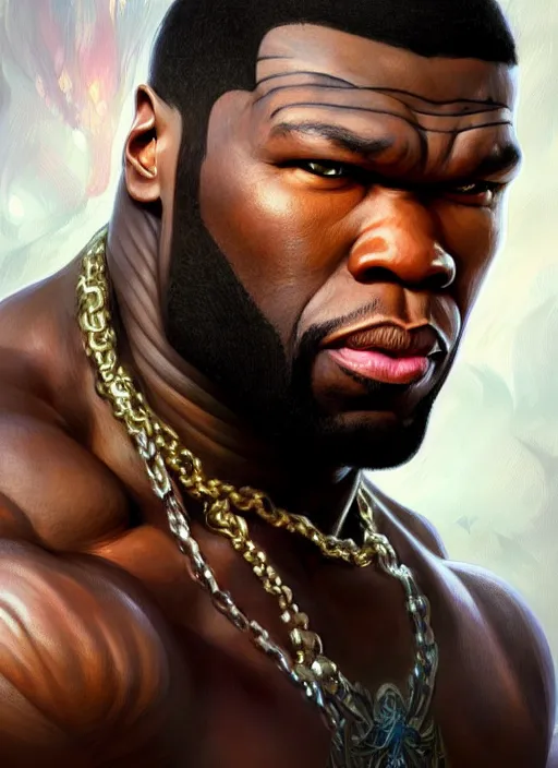 Image similar to Portrait of 50 cent, D&D, muscular, fantasy, intricate, elegant, highly detailed, digital painting, artstation, concept art, smooth, sharp focus, illustration, art by artgerm and greg rutkowski and alphonse mucha