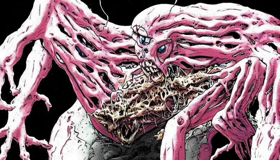 Image similar to a disgusting and vile monster eating a person, neon genesis evangelion inspired, The Thing, Horror necro-morph by Cronenberg and greg nicotero special effects