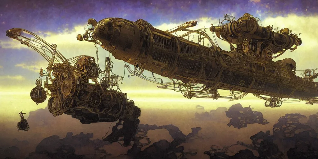 Prompt: a steampunk airship emerges over the horizon of an alien planet, artwork by alphonse mucha, peter elson, dramatic lighting, long shadows, brushstrokes, paper texture.