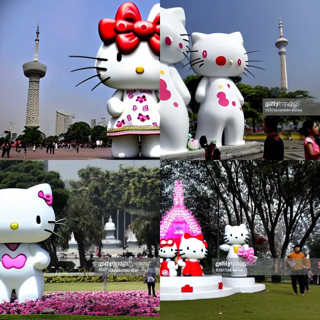 Prompt: news photo about a white marble humongous hello kitty statue stands next to monas at jakarta, cnn, afp