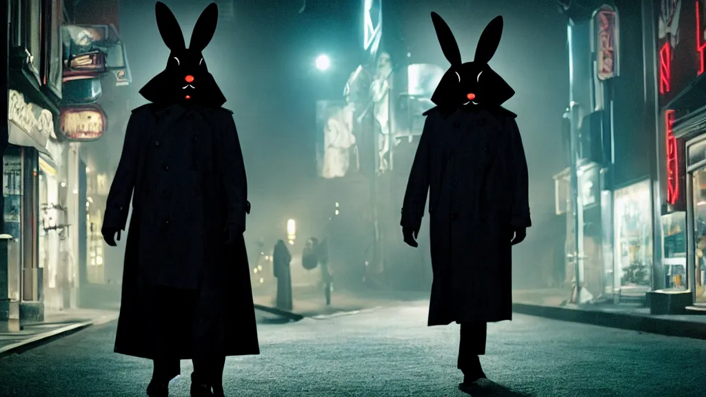 Image similar to a man in a trench coat wearing a black rabbit mask in front of a night club, film still from the movie directed by Denis Villeneuve with art direction by Salvador Dalí, wide lens