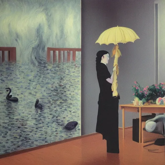 Image similar to tall female emo artists in their flooded apartment, painting of flood waters inside an artist's home, a river flooding indoors, pomegranates, pigs, ikebana, zen, water, octopus, river, rapids, waterfall, black swans, canoe, berries, acrylic on canvas, surrealist, by magritte and monet