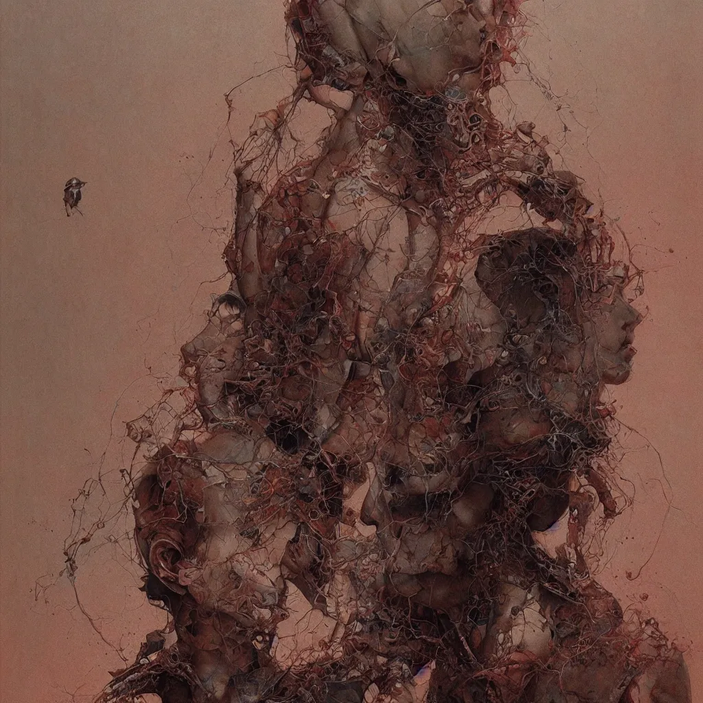 Image similar to portrait of girl melting with machine by wayne barlowe and zdislaw beksinski