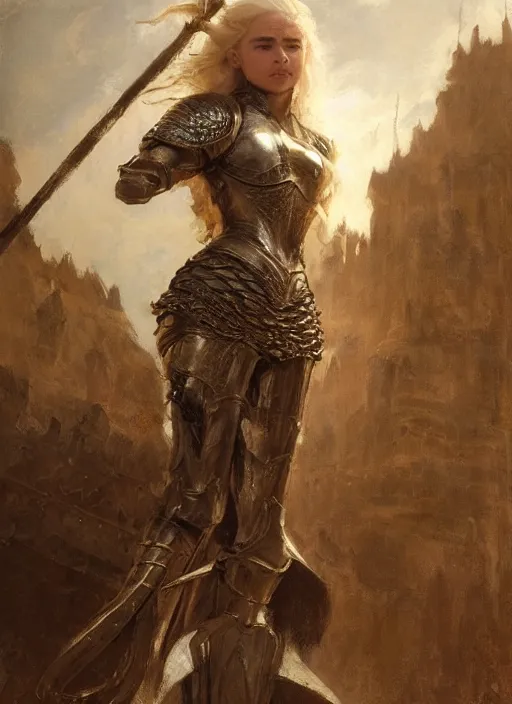 Image similar to short muscular blonde woman wearing realistic medieval armour, emilia clarke, detailed by gaston bussiere, bayard wu, greg rutkowski, giger, maxim verehin, greg rutkowski, masterpiece, sharp focus, cinematic lightning