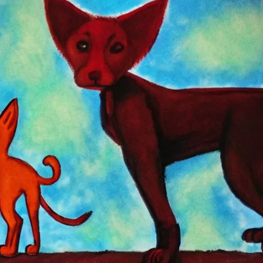 Prompt: red dog and blue cat