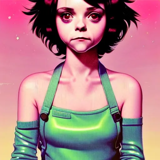 Image similar to a beautiful youth teen christina ricci as she was ramona flowers with head tilted curiously, focus close on mischievous eyes, soft skin, eighties holographic art by ilya kuvshinov monet range murata artgerm katsuhiro otomo norman rockwell, highly detailed intricately sharp focus, bedroom eyes trending on pinterest vogue italia unreal engine