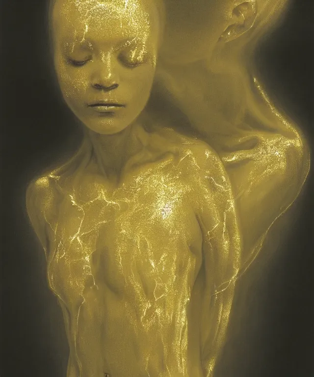 Image similar to Beautiful full-body wax sculpture of glowing transparent woman with visible gold bones covered with melted white wax inside the singularity where stars becoming baroque folds of dark matter by Michelangelo da Caravaggio, Nicola Samori, William Blake, Alex Grey and Beksinski, dramatic volumetric lighting, highly detailed oil painting, 8k, masterpiece