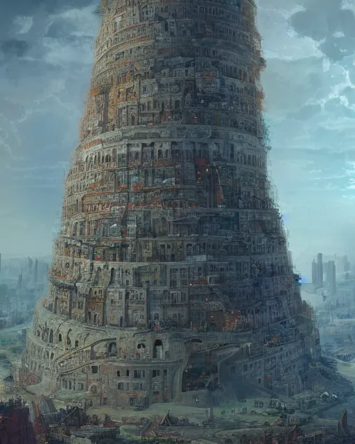 Prompt: Tower of babel in modern times surrounded by a big city, concept art, artstation