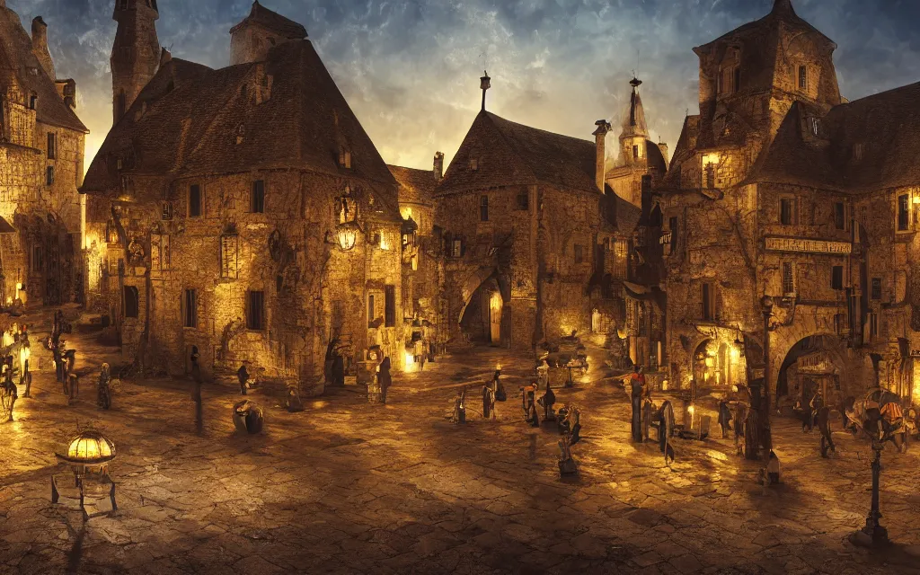 Image similar to at the square of a medieval french village, with a spaceship hovering, a well in the center, arches, orange light, highly detailed, cinematic lighting, render, fantasy