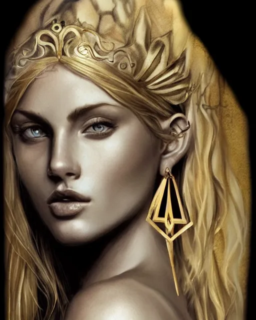 Image similar to tattoo sketch of hot blonde super model as aphrodite greek goddess wearing a gold laurel wreath and triangle earrings, beautiful piercing gaze with sharp pupils, in the style of greg rutkowski, fantasy, amazing detail, epic, elegant, smooth, sharp focus, front view