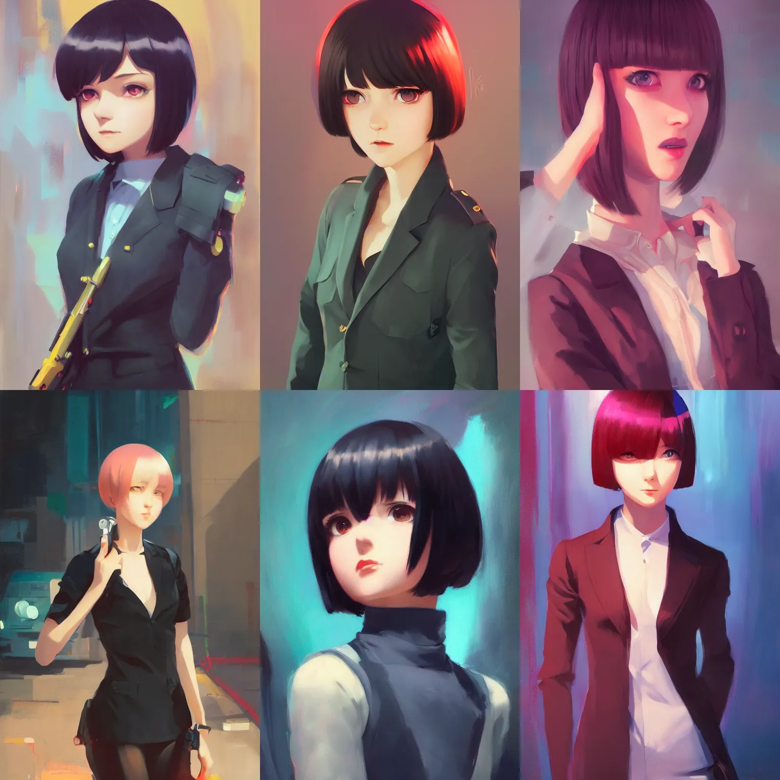 Prompt: a portrait of a cute young female spy with black bob cut hair, spy setting, vivid colors, soft lighting, atmospheric, cinematic, moody, in the style of Ilya Kuvshinov and Range Murata, Krenz Cushart, oil on canvas, 8k