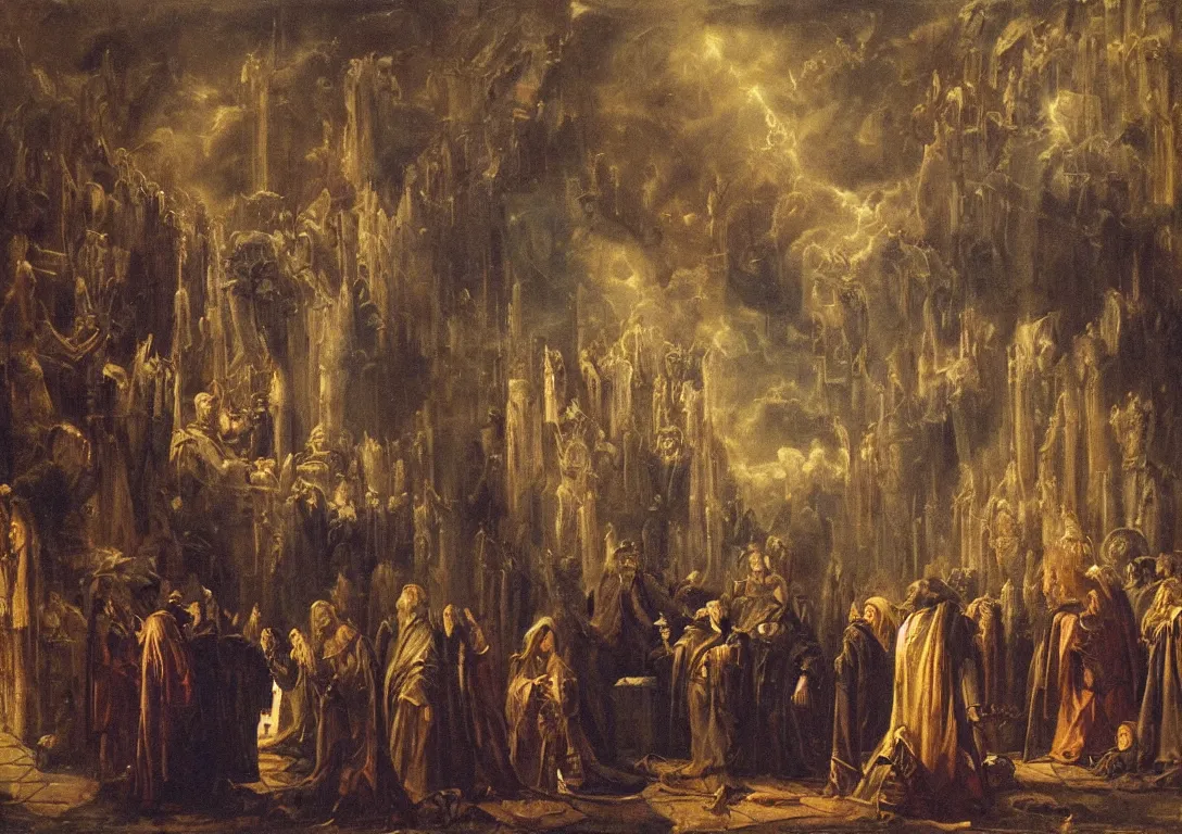 Prompt: meeting of the high council of wizards, atmospheric, illustration, dramatic, moody, lighting, oil on canvas painting, baroque