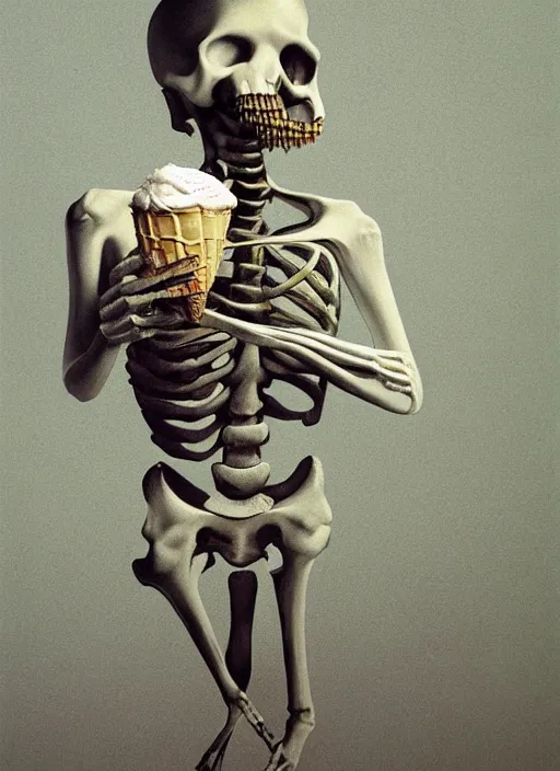 Prompt: woman skeleton holding ice cream Edward Hopper and James Gilleard, Zdzislaw Beksinski highly detailed