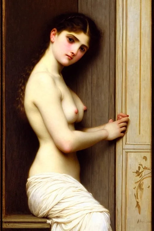 Prompt: girl in thought by auguste toulmouche and bouguereau, intimate lighting, perfect detailed eyes, beautiful hands, pale skin, blonde hair, leaning on door