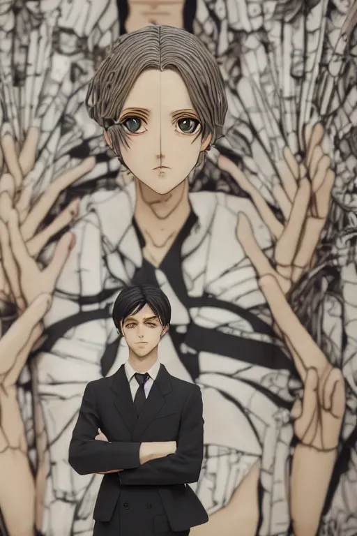 Prompt: Kodak portra 160, 8K, highly detailed, 3D seinen manga 3/4 closeup portrait, eye contact, focus on art nouveau suit, tilt shift background: famous artist in zaha hadid anime remake, Friends scene