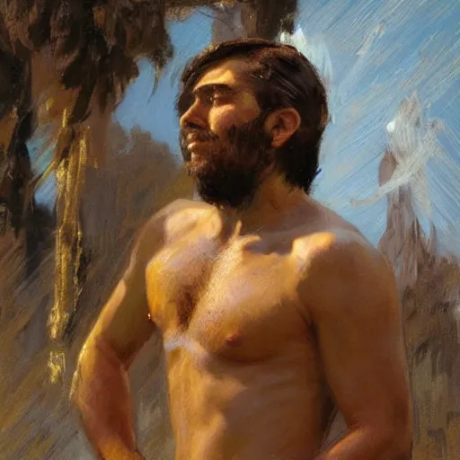 Prompt: a man with a normal haircut, painting by Gaston Bussiere, Craig Mullins