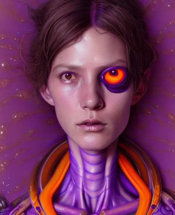Image similar to intricate purple and orange portrait of a disturbing beautiful alien insect creature, mottling coloring, adorable, childlike, medical equipment hospital environment, ultra realistic, concept art, art nouveau, photorealistic, octane render, 8 k, unreal engine. art by christopher marley and artgerm and greg rutkowski and alphonse mucha