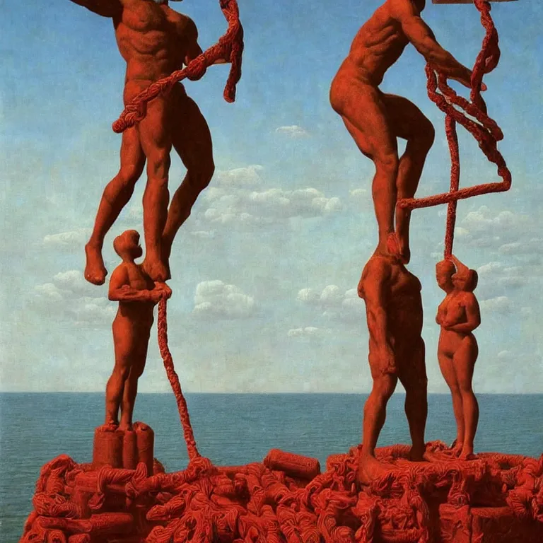 Prompt: A Monumental Public Sculpture of a 'Triumphant Hercules made out of Red Rope Licorice' on a pedestal by the lake, surreal oil painting by Rene Magritte and Max Ernst shocking detail hyperrealistic!! Cinematic lighting