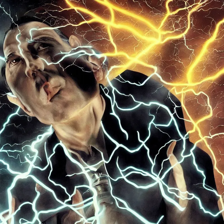 Image similar to Nikola Tesla spewing lightning from hands, netflix, marvel, full hd, comics