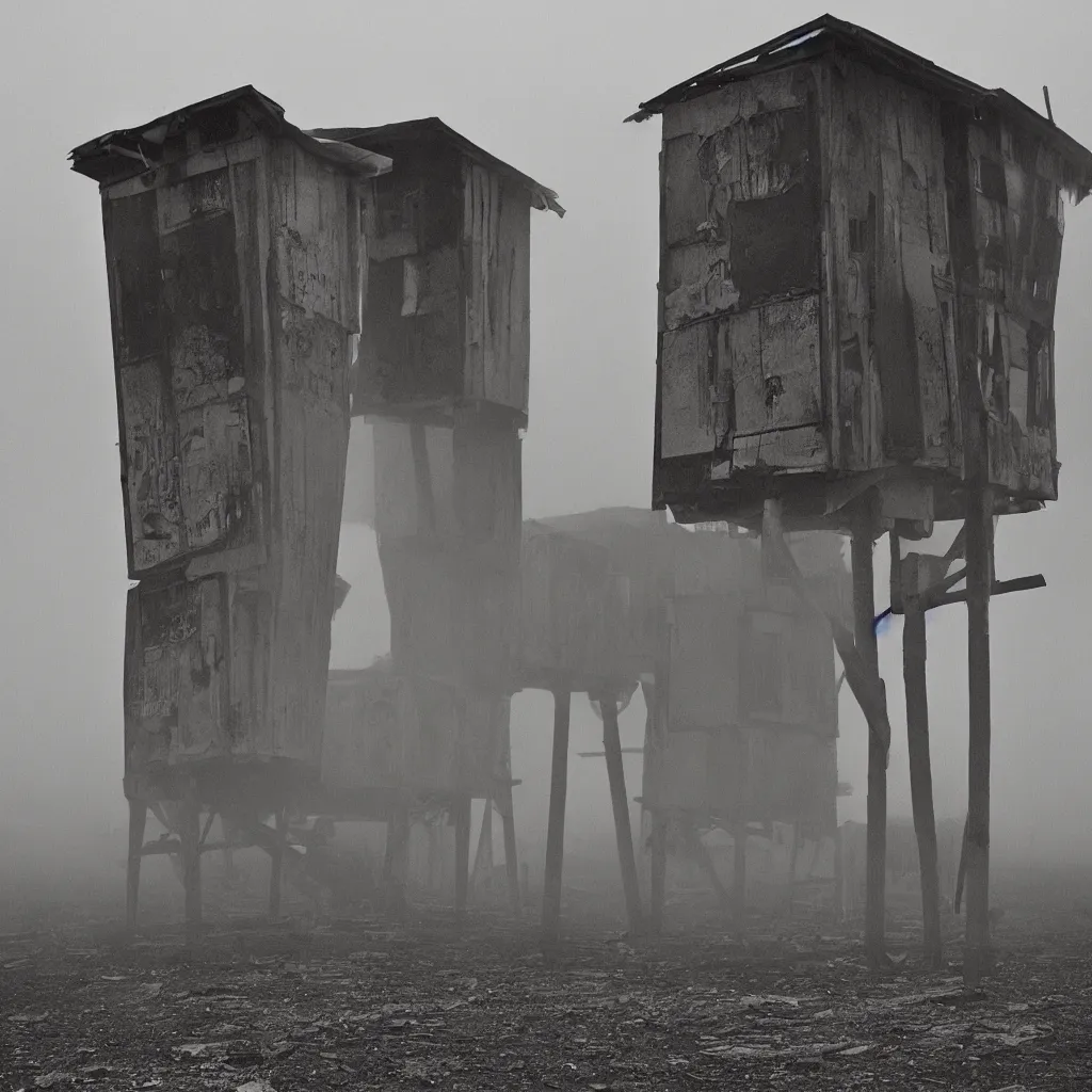 Image similar to two towers, made up of makeshift squatter shacks with faded colours, moody clludy sky, uneven fog, dystopia, mamiya, f 1 1, fully frontal view, photographed by jeanette hagglund