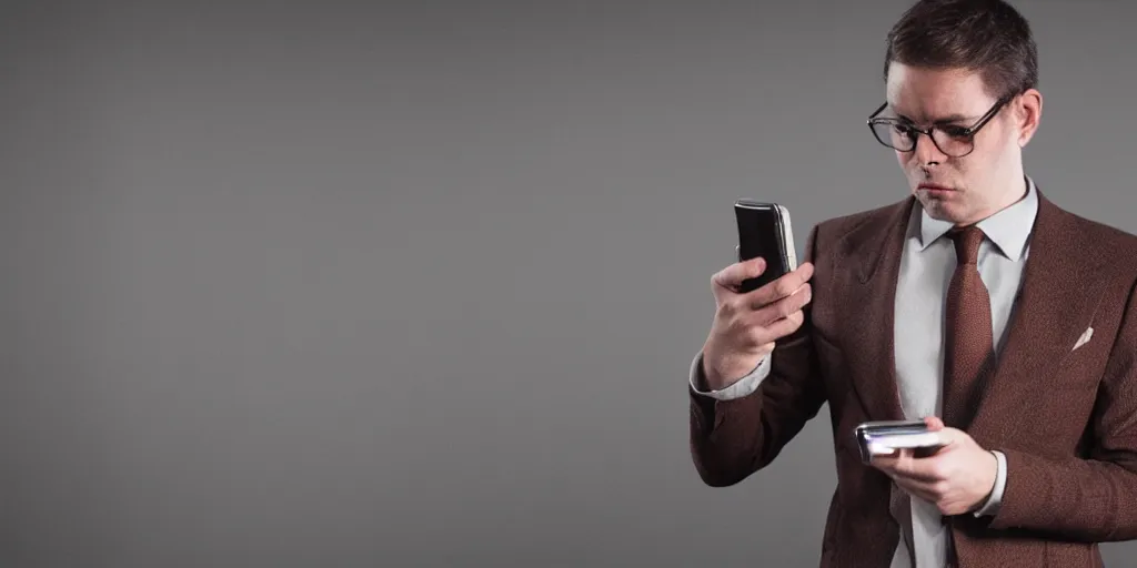 Prompt: a man wearing a dark brown suit, holding an old phone, cinematic, underexposed lighting, shot on arri alexa