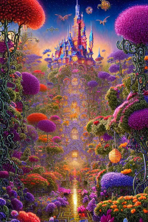 Prompt: intricate detailed Flower Gardens at Dusk Lisa Frank, james gurney,dan luvisi,Petros Afshar,tim hildebrandt,liam wong,Mark Riddick,thomas kinkade,ernst haeckel,dan mumford,trending on artstation,josephine wall, WLOP ,cgsociety by Gediminas Pranckevicius, trending on cgsociety and DeviantArt