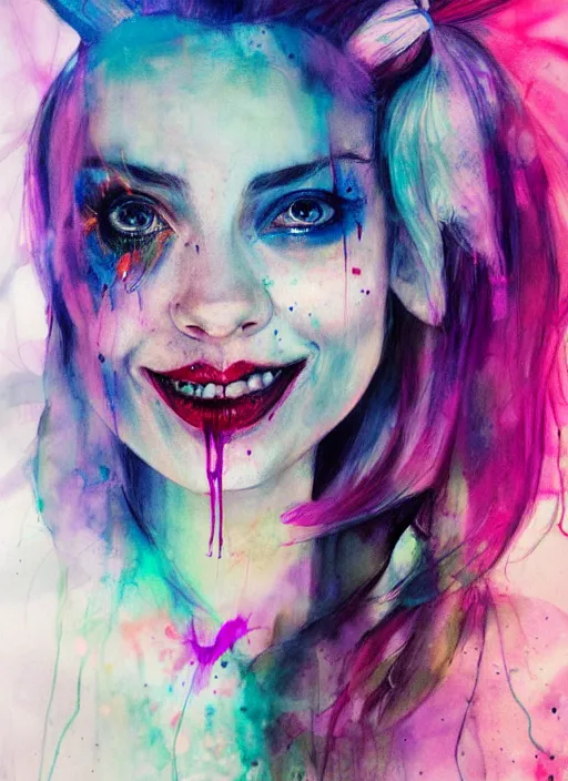 Prompt: harley quinn by agnes cecile, luminous design, pastel colours, ink drips, autumn lights