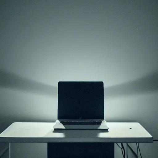 Image similar to During the night, man alone in black suit on computer illuminated only by the light of the computer screen, dark