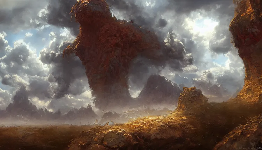 Prompt: excellent painted deamon in a surreal landscape in another dimension with fluffy clouds, painted by Hans Fredrik Gude, Greg Rutkowksi, Craig Mullins and Artgerm, concept art 2022, 4k, ultra realistic highly detailed oil painting