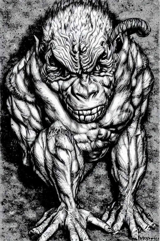 Image similar to humanoid hunched figure troll with 1 horn, ogre, ape, highly detailed, digital art, sharp focus, trending on art station, kentaro miura manga art style