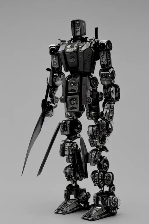 Image similar to samurai inspired mecha real steel (2011) robot. Black reflective panels exposed wiring joints. Scowling angry face. Glowing eyes. intimidating cyberpunk style of Roger Deakins Jeremy Saulnier Newton Thomas Sigel Robert Elswit Greig Fraser trending rtx on ue5. 35mm Kodak Vision 2383 gritty atmospheric Bladerunner 2049