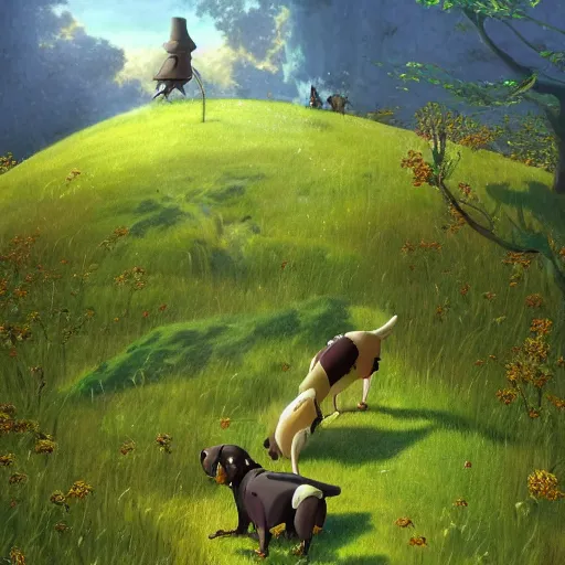 Prompt: dogs on green landscape by hayao miyazaki, studio ghibli and gediminas pranckevicius, very high detail