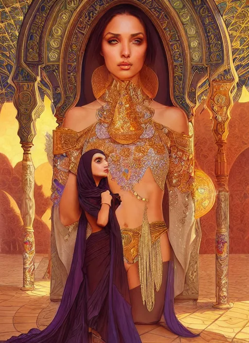 Image similar to a young arabian lady shopping at a desert spice market, shiny, fantasy, intricate, elegant, hyper detailed, ultra definition, photoreal, artstation, unreal engine rendered, concept art, smooth, sharp focus, illustration, art by artgerm and greg rutkowski and alphonse mucha and garis edelweiss