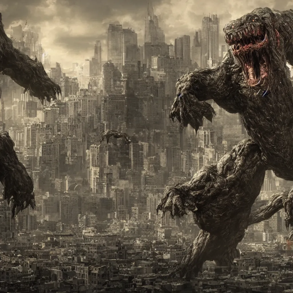 Prompt: a large, hideous monster looming over a city, scary, photorealistic