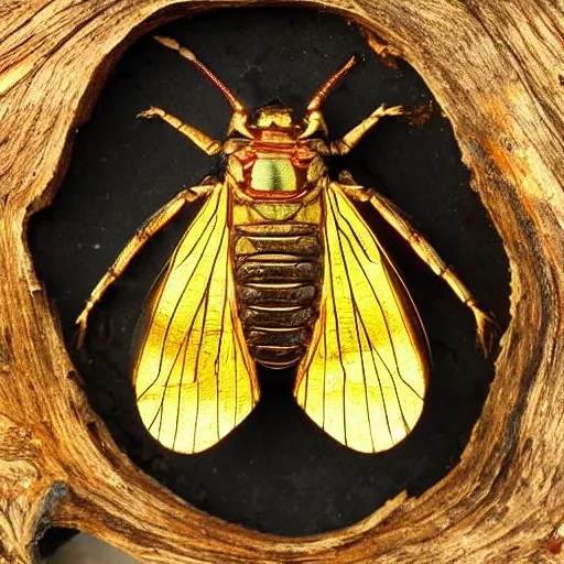 Prompt: ''golden cicada on a broken wooden piece covered by dark moss above it a golden half moon''