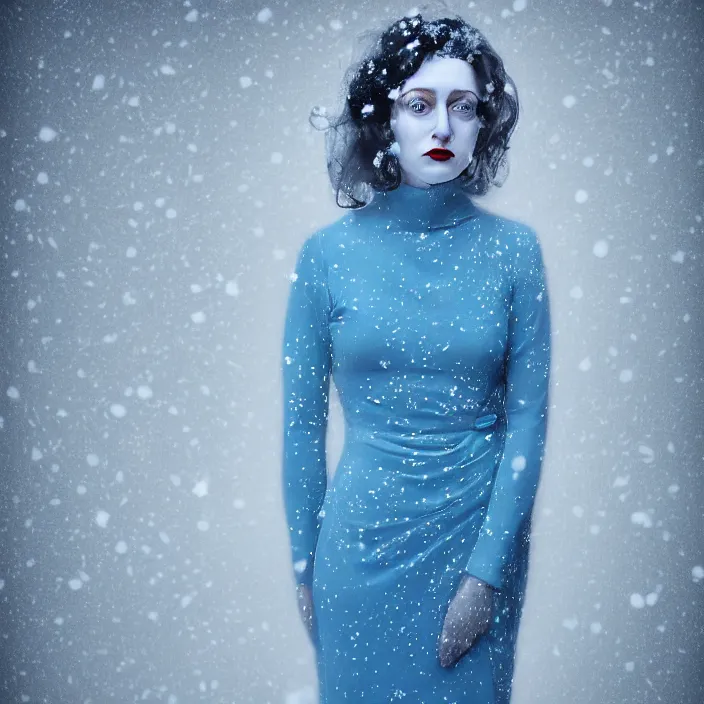 Prompt: a woman wearing a highneck dress made out of snowflakes. she is sickly looking and dying of hypothermia. pale blue lips. full body digital portrait by maromi sagi