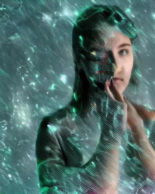 Image similar to A broken monitor with the calm face of an AI woman on it. Very very very strong glitches on the monitor. The face is blurry with glitches. Extremely high detail, glitchcore, glitches, glitch, cyberpunk, deep colors, 8k render