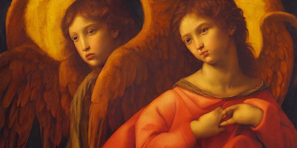 Image similar to beautifully lit realistic representation of a stunning angel. oil on copper by raphael.