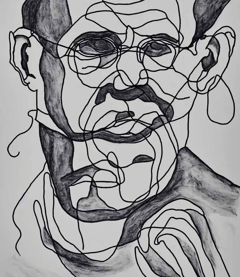 Image similar to elegant minimalist line art portrait of mahatma gandhi. inspired by egon schiele. contour lines, graphic musicality, twirls, curls and curves, strong confident personality, staring at the viewer