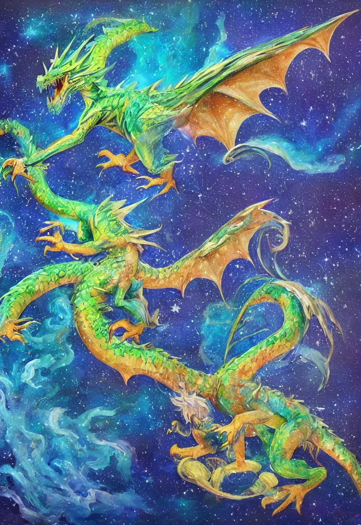 Prompt: painterly dragon made of water with wings made of stars