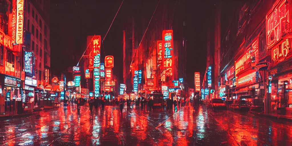 Image similar to A rainy street lit up by neon signs in the city