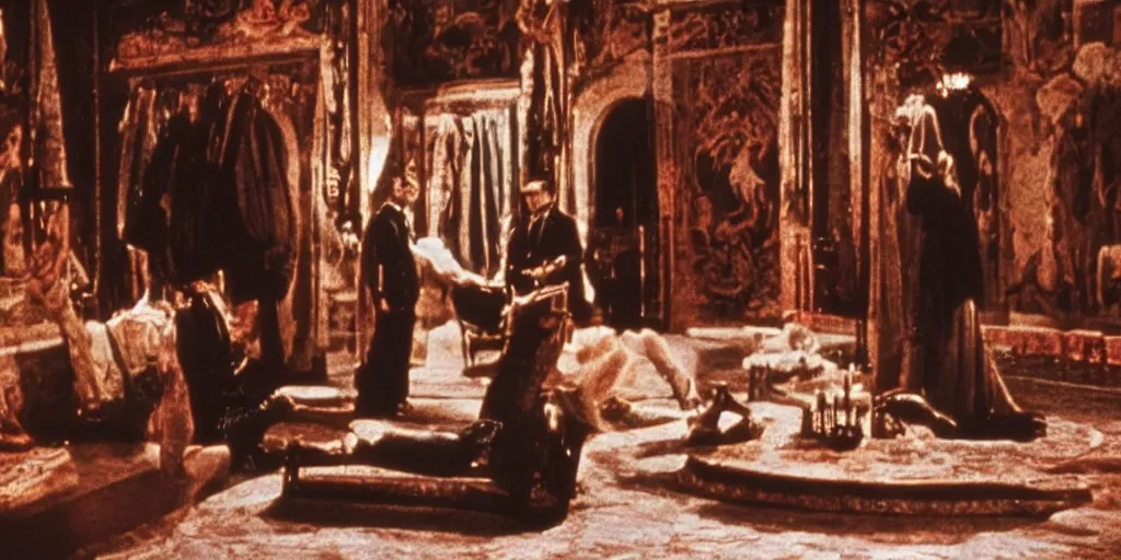 Prompt: a scene from a movie of luchino visconti with marcello mastroianni standing. technicolor, cinematic, 5 0 mm, highly detailed