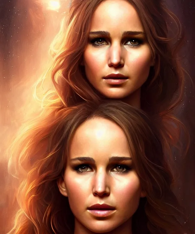 Image similar to half nathalie portman half Jennifer lawrence a fantasy magic woman portrait, sci-fi, amber eyes, face, long hair, fantasy, intricate, elegant, highly detailed, digital painting by Boticceli, artstation, concept art, smooth, sharp focus, illustration, art by artgerm and greg rutkowski and alphonse mucha