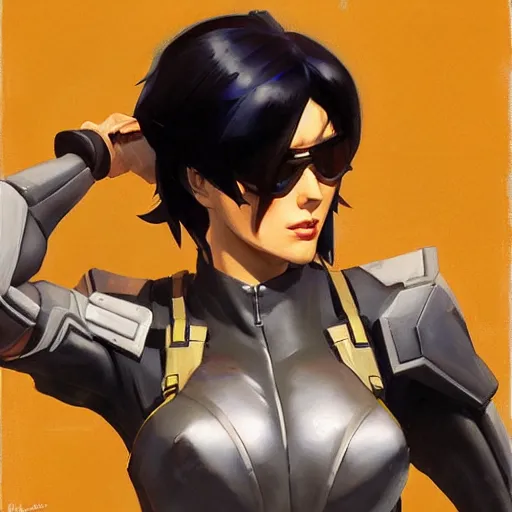 Prompt: greg manchess portrait painting of major kusanagi as overwatch character, medium shot, asymmetrical, profile picture, organic painting, sunny day, matte painting, bold shapes, hard edges, street art, trending on artstation, by huang guangjian and gil elvgren and sachin teng