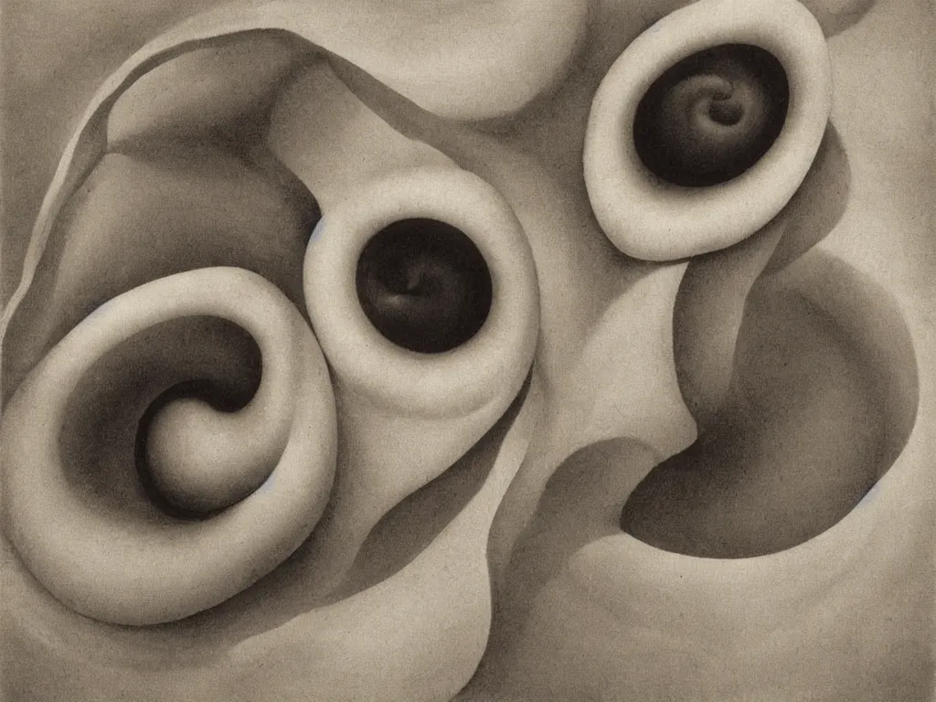 Image similar to Landscape hidden inside a conch shell. Long circular ridges, mollusk eyes. Painting by Georgia O'Keefe, Karl Blossfeldt, Caspar David Friedrich