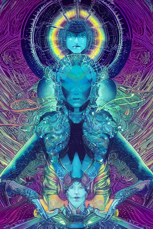 Image similar to the empress by travis charest and laurie greasley, detailed, kaleidoscope, psychedelic, cosmic energy by Kelly McKernan, yoshitaka amano, hiroshi yoshida, moebius, artgerm, cool tone pastel rainbow colors, inspired by dnd, iridescent aesthetic, centered symmetrical and detailed
