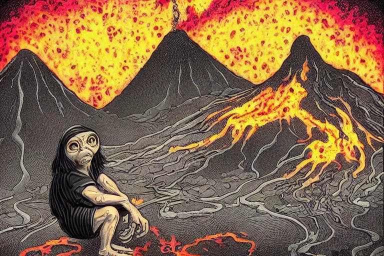 Image similar to a highly detailed gollum making pizza!, a volcano in the background is spewing black smoke, with streams of hot glowing lava flowing, black sky, post - apocalyptic vibe, full body, wide angle, an ultrafine detailed painting by joe fenton, trending on deviantart, pop surrealism, whimsical, lowbrow, perfect symmetrical face, sharp focus, octane, masterpiece